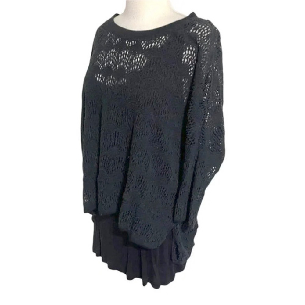 Grace Elements Crochet Knit Layered Top Large Black Scoop Neck Short Sleeve Boho